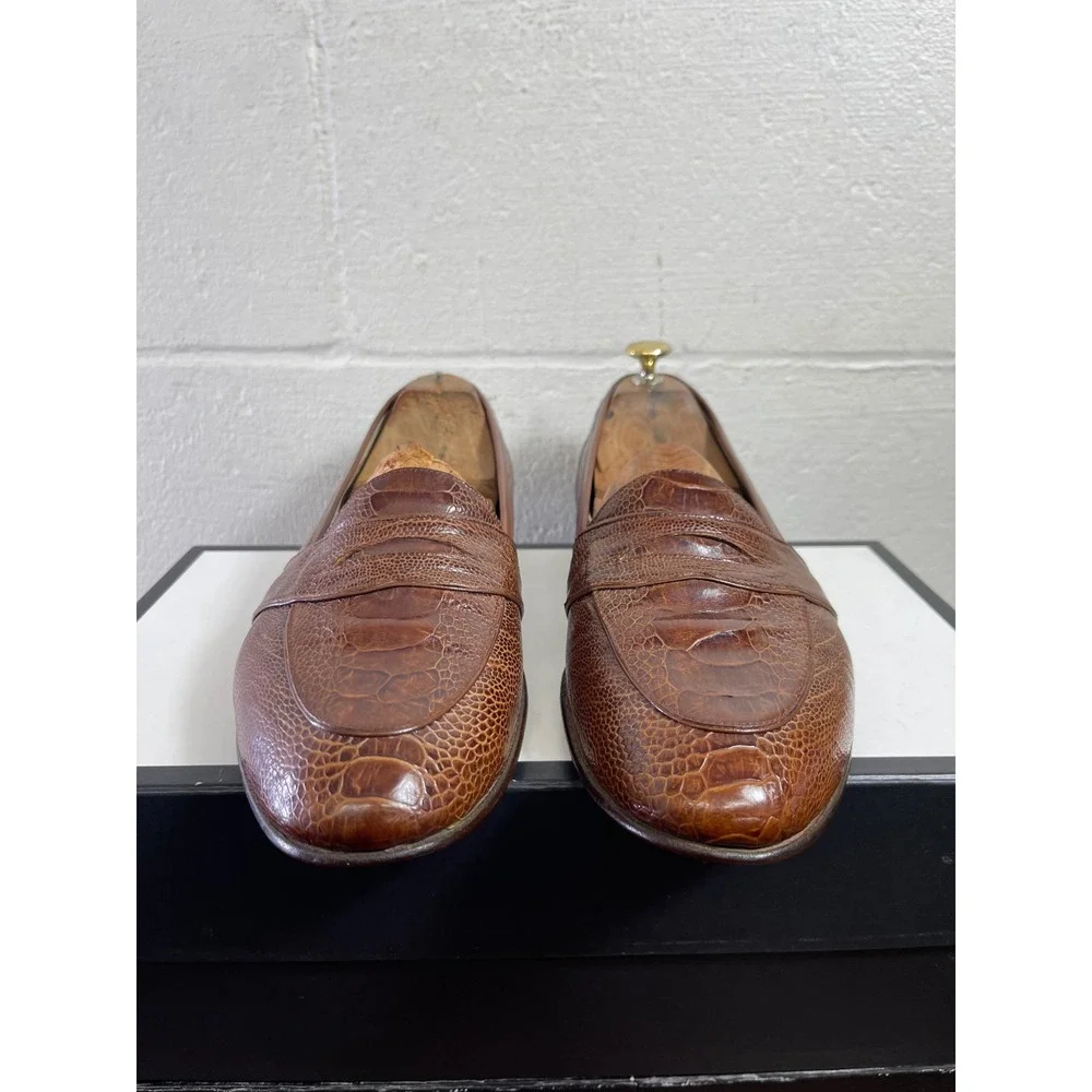 Shoeman Lau‎ Brown Ostrich Leather Penny Loafer Dress Shoes Handmade Men's 10 D
